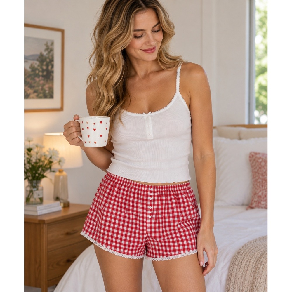Colsie Women Red Gingham Lace Trim Pajama Boxer Shorts Size S Picnic Cottagecore